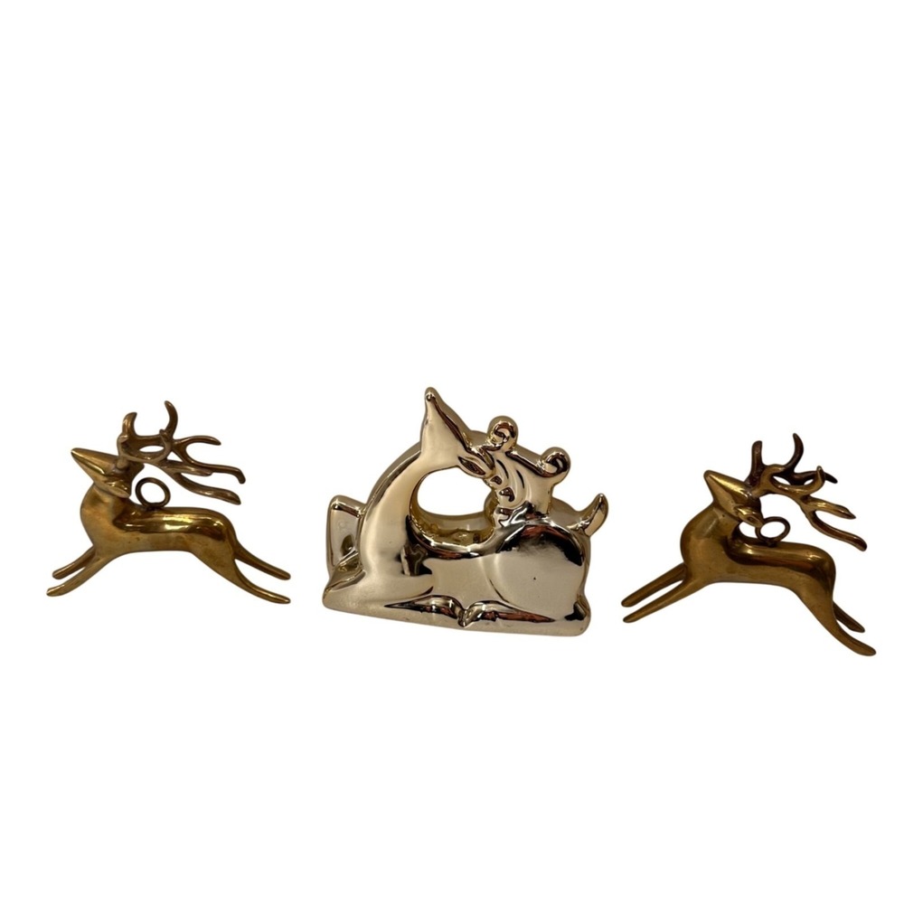 Gold & Brass Reindeer Figurines Set‎ Of 3 Holiday Decor Greenbrier International